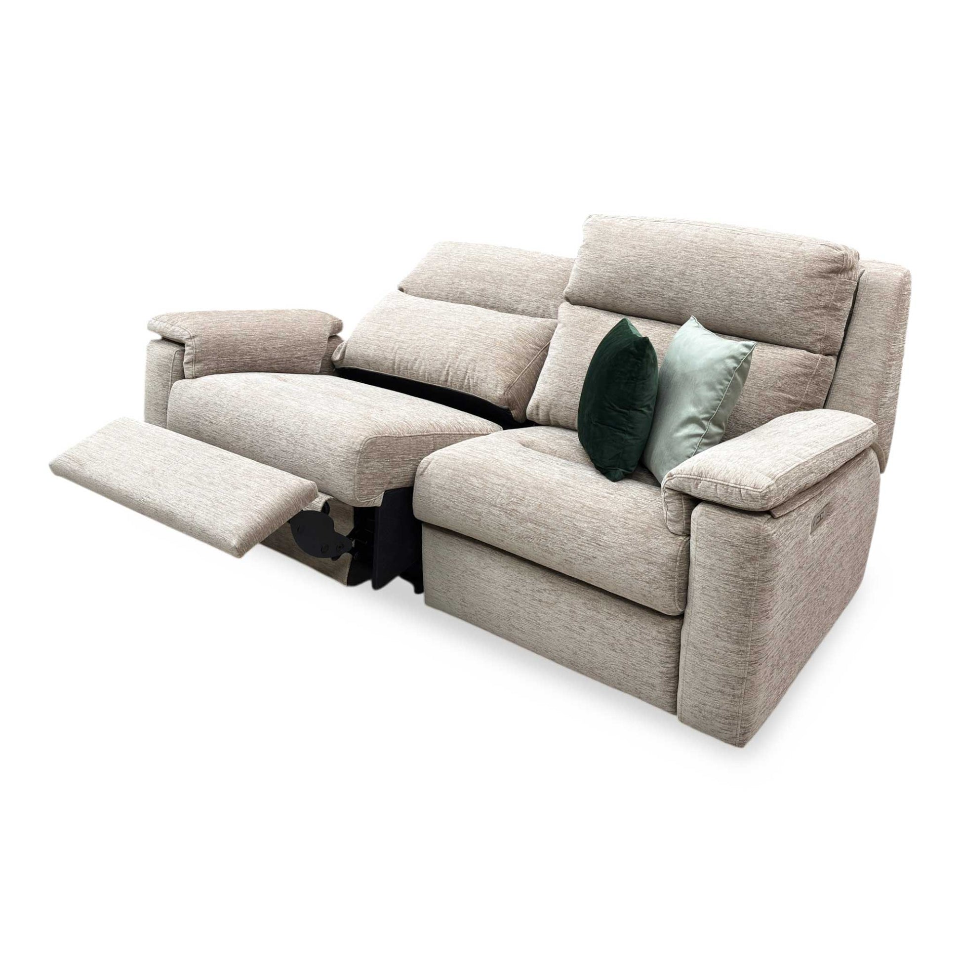 Side profile of the ‘Thornbury’ power recliner sofa, highlighting the ergonomic contours of the tiered backrest, padded arm tops, and necessary clearance footprint when fully reclined.