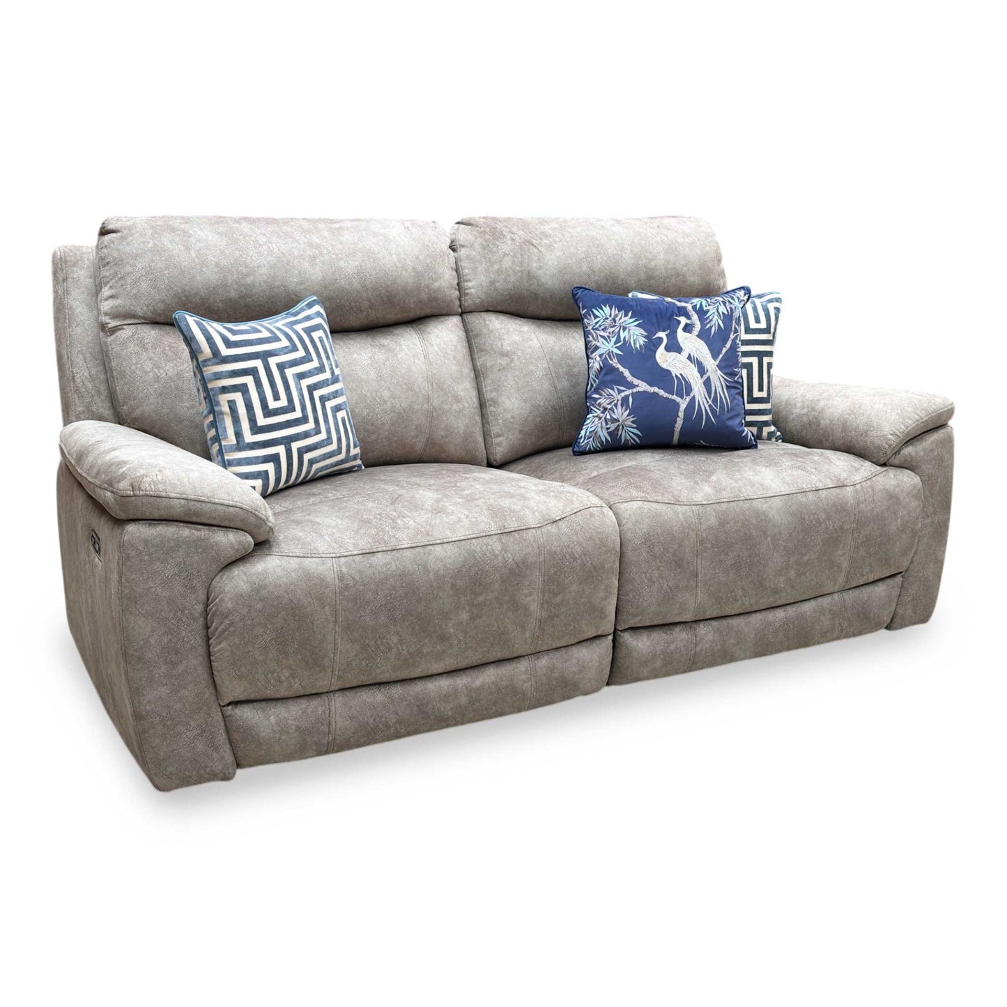 Side profile of the ‘Sloane’ power recliner sofa, highlighting the ergonomic curvature of the high backrest, cushioned armrests, and wall-clearance requirements when fully reclined.
