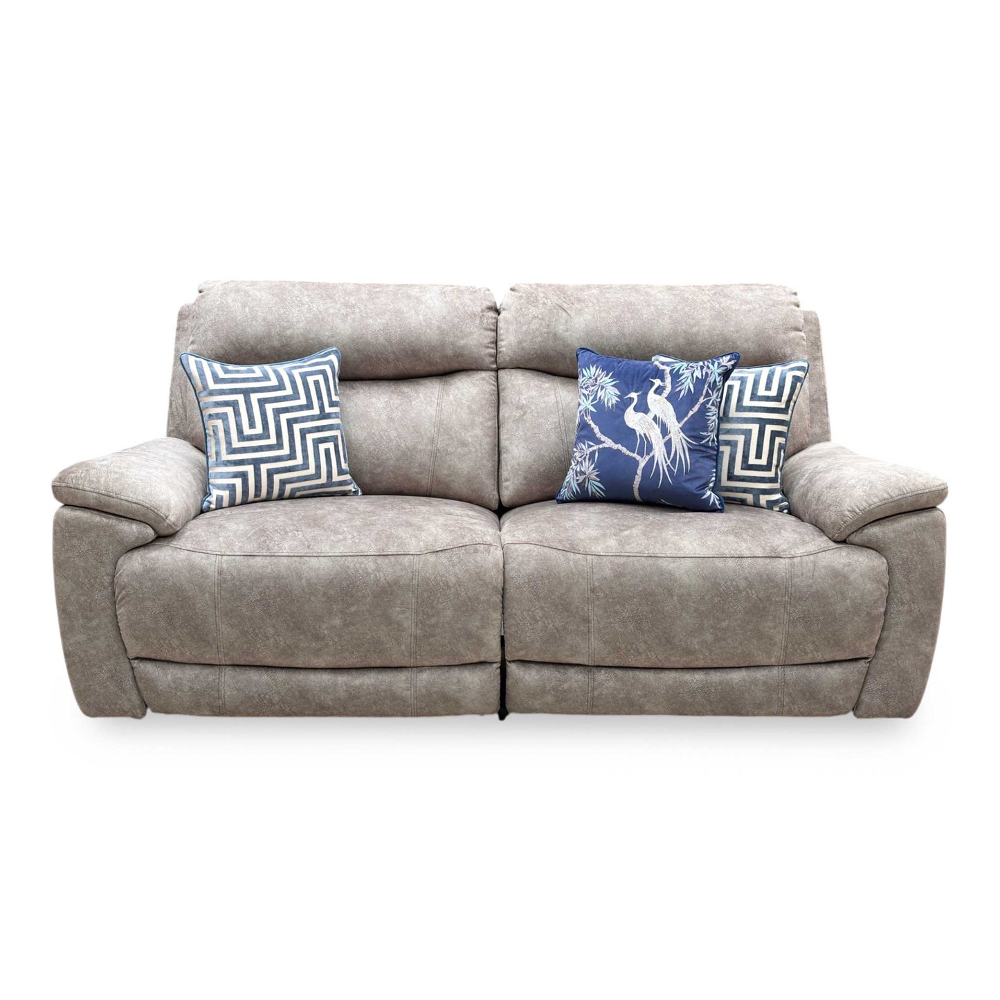 Front view of the ‘Sloane’ 3-Seater Power Recliner Sofa in Marble Charcoal Grey fabric, showcasing its modern deeply padded design, integrated headrests, and sleek built-in power controls.