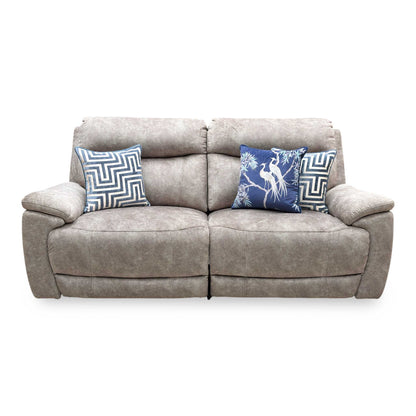 Front view of the ‘Sloane’ 3-Seater Power Recliner Sofa in Marble Charcoal Grey fabric, showcasing its modern deeply padded design, integrated headrests, and sleek built-in power controls.