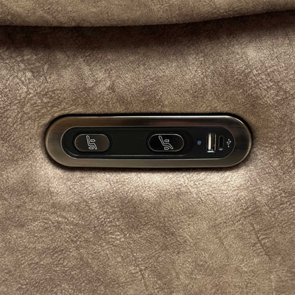 Detail shot of the sleek metallic power control panel on the outer armrest, highlighting the smooth transition buttons and the integrated USB port for device charging.