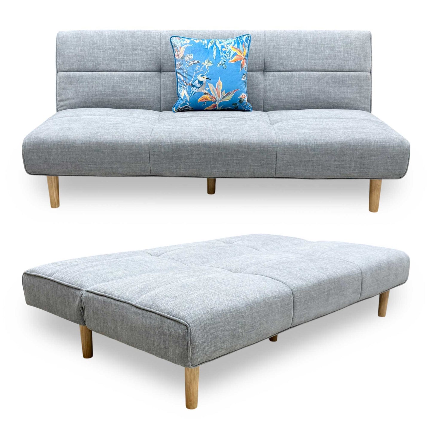 Full view of the Furniture Village ‘Miyagi’ Futon Sofa Bed in Mist Grey fabric, displaying its clean scandi-minimalist lines, deep buttoned tufting, and light wood tapered legs.