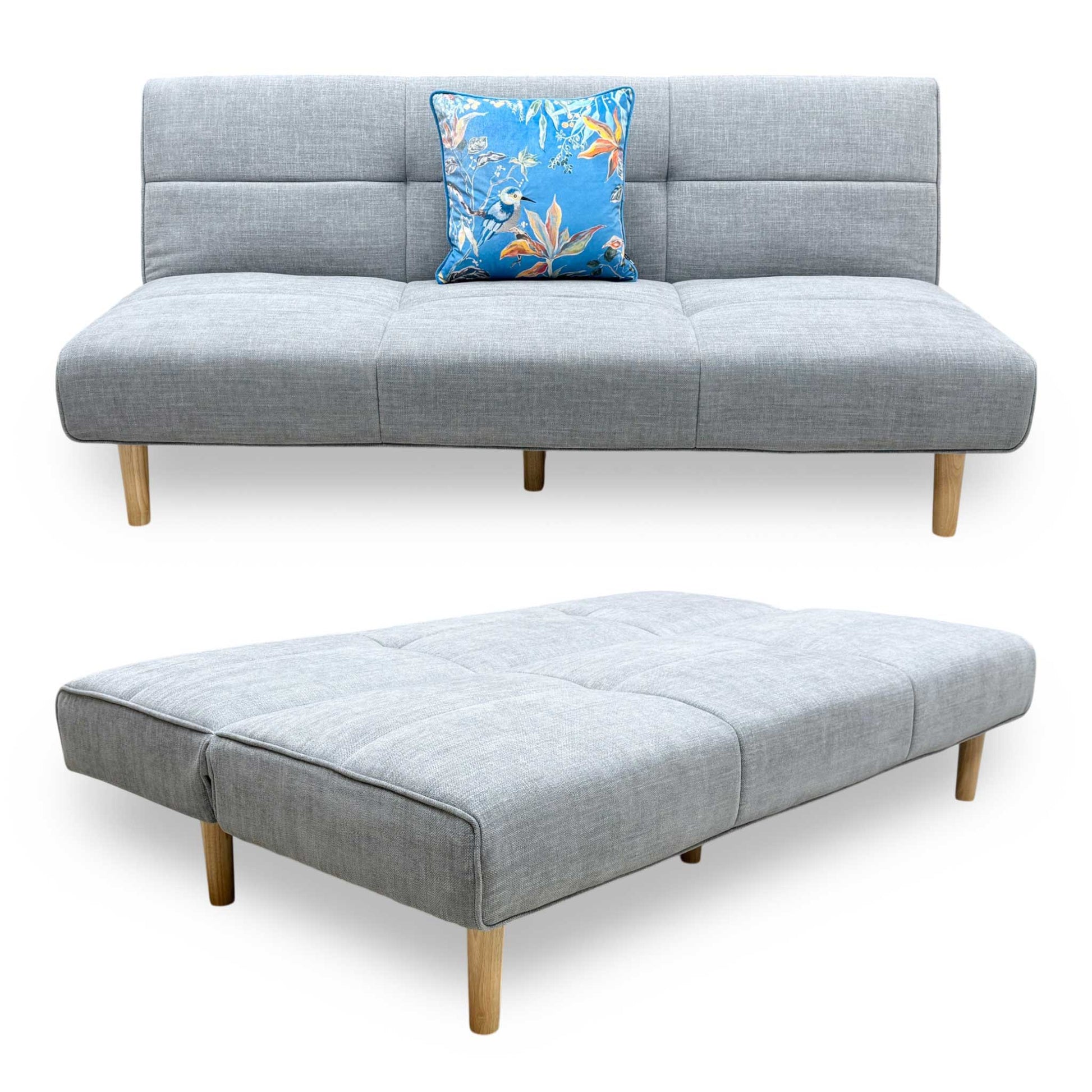 Full view of the Furniture Village ‘Miyagi’ Futon Sofa Bed in Mist Grey fabric, displaying its clean scandi-minimalist lines, deep buttoned tufting, and light wood tapered legs.
