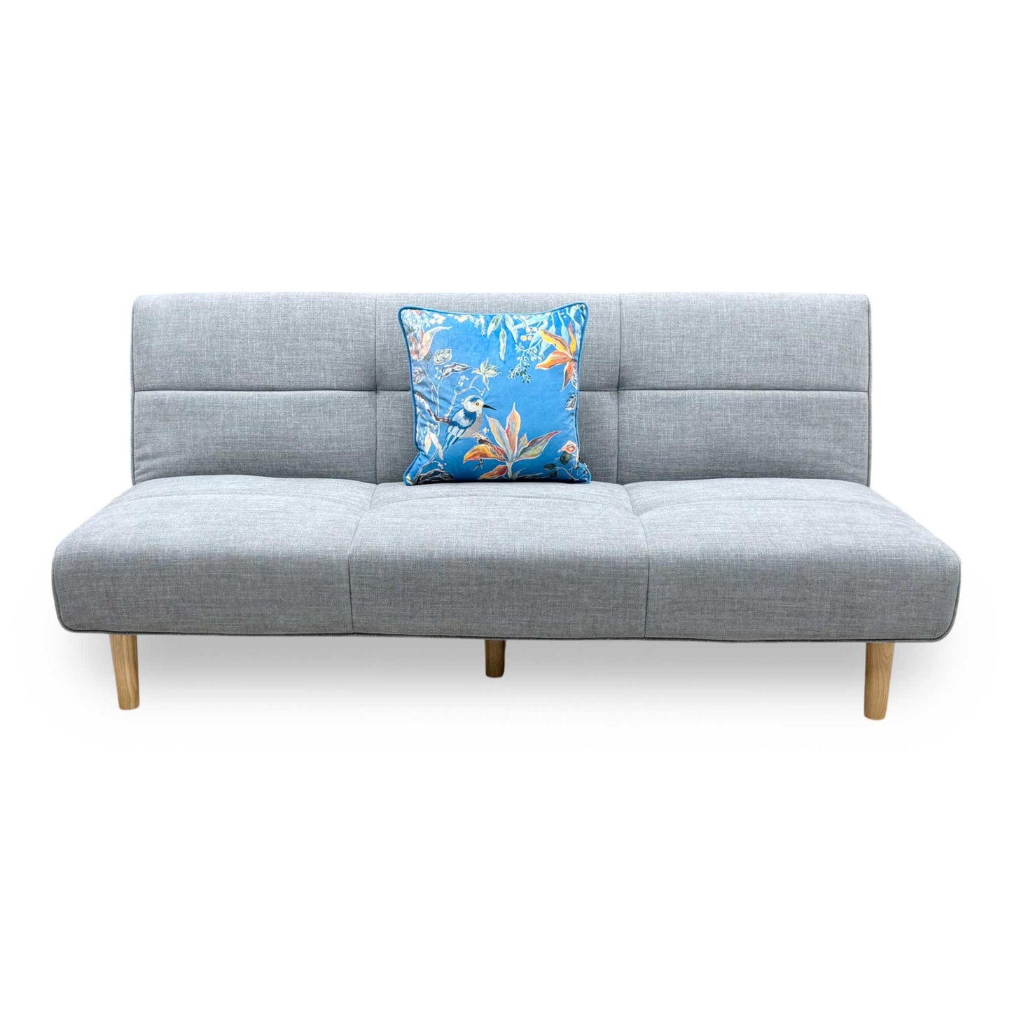 Front view of the Furniture Village ‘Miyagi’ Futon Sofa Bed in Mist Grey fabric, displaying its clean scandi-minimalist lines, deep buttoned tufting, and light wood tapered legs.