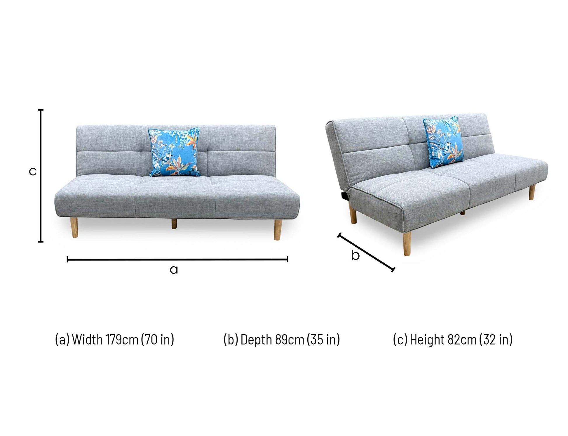 Technical dimension diagram for the ‘Miyagi’ Mist Grey Fabric Futon Sofa Bed, detailing its measurements in both standard sofa and fully extended bed configurations.