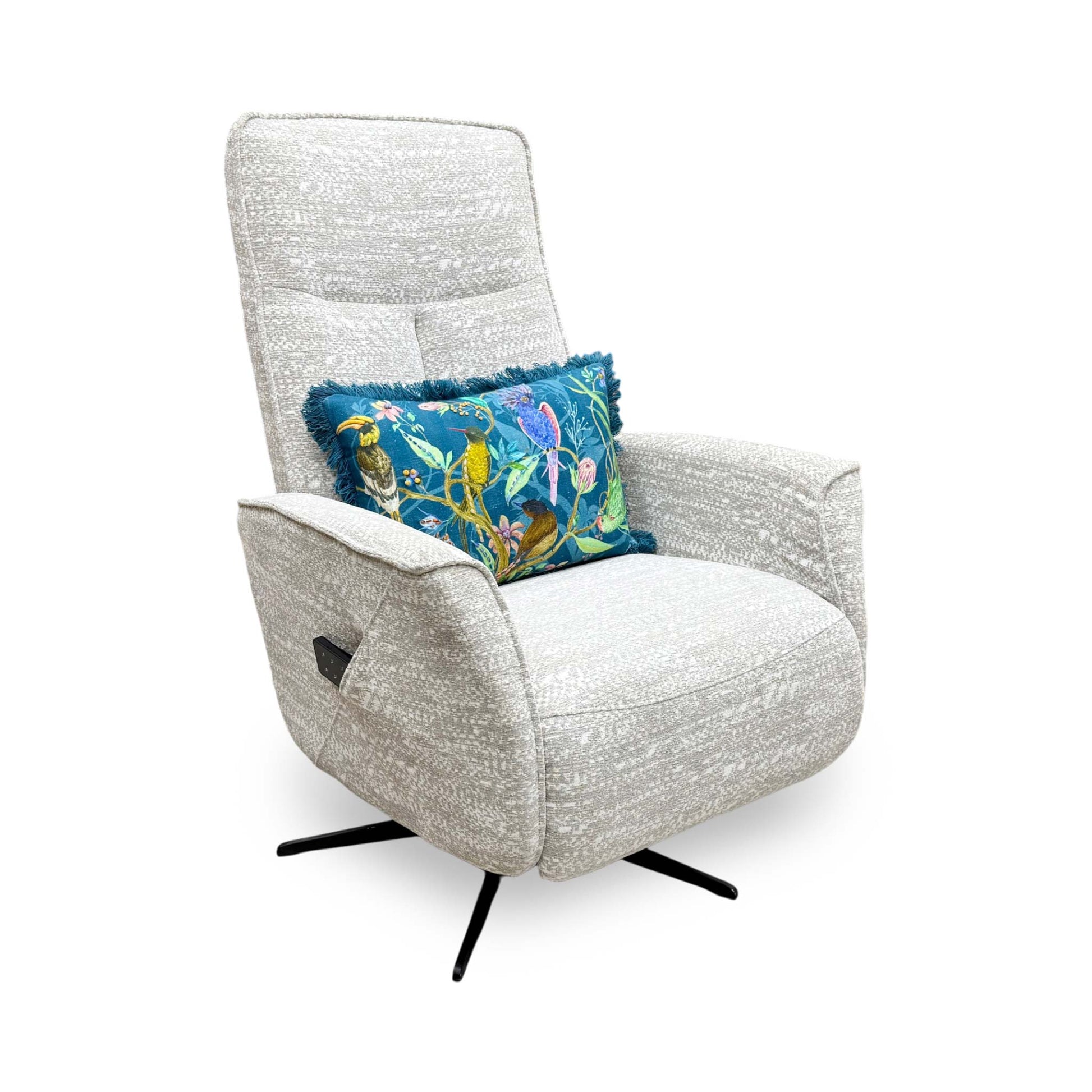 Side profile of the ‘Maribo’ fabric recliner chair, highlighting its sleek, low-profile track arms, discrete side handset pocket, and clean-lined contemporary silhouette.