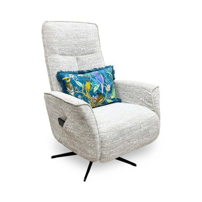 Side profile of the ‘Maribo’ fabric recliner chair, highlighting its sleek, low-profile track arms, discrete side handset pocket, and clean-lined contemporary silhouette.