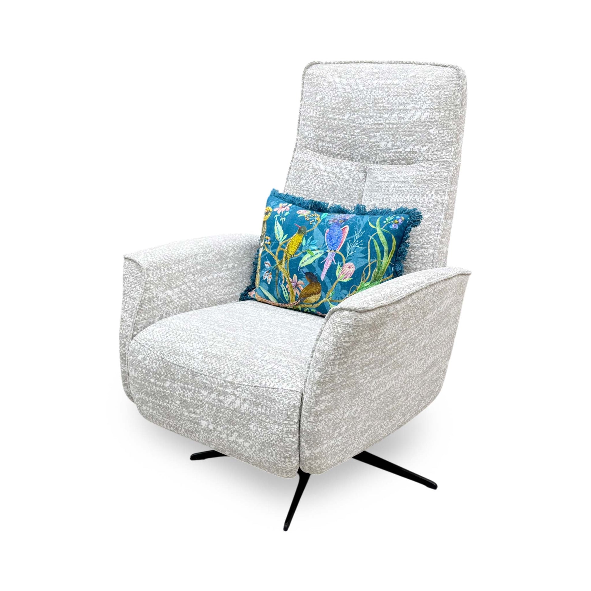Side profile of the ‘Maribo’ fabric recliner chair, highlighting its sleek, low-profile track arms, discrete side handset pocket, and clean-lined contemporary silhouette.