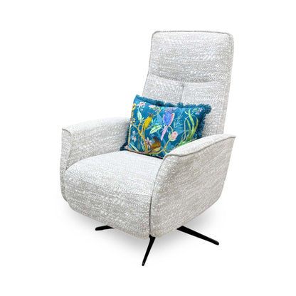 Side profile of the ‘Maribo’ fabric recliner chair, highlighting its sleek, low-profile track arms, discrete side handset pocket, and clean-lined contemporary silhouette.
