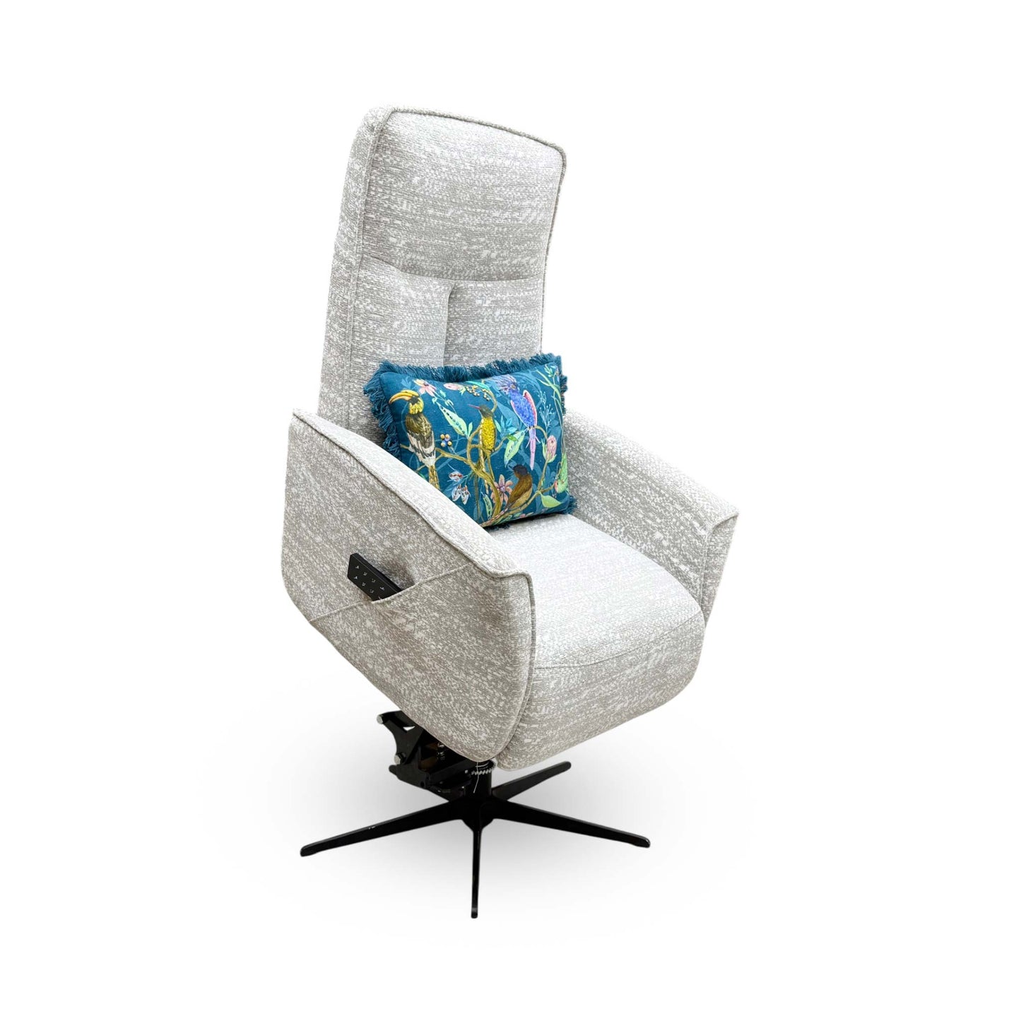 Full view of the G Plan ‘Maribo’ (A052) Lift and Rise Power Recliner Chair in Maddox Smoke fabric, showcasing its iconic mid-century modern aesthetic, high cushioned back, and sleek star-shaped base.