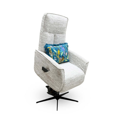 Full view of the G Plan ‘Maribo’ (A052) Lift and Rise Power Recliner Chair in Maddox Smoke fabric, showcasing its iconic mid-century modern aesthetic, high cushioned back, and sleek star-shaped base.