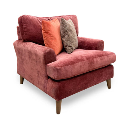 Full view of the Furniture Village ‘Jackson’ Armchair in Paprika Red fabric, showcasing its modern boxy silhouette, generous deep seating, and clean-lined contemporary style.
