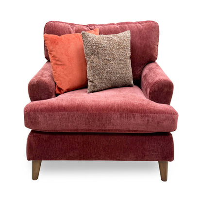 Front view of the Furniture Village ‘Jackson’ Armchair in Paprika Red fabric, showcasing its modern boxy silhouette, generous deep seating, and clean-lined contemporary style.