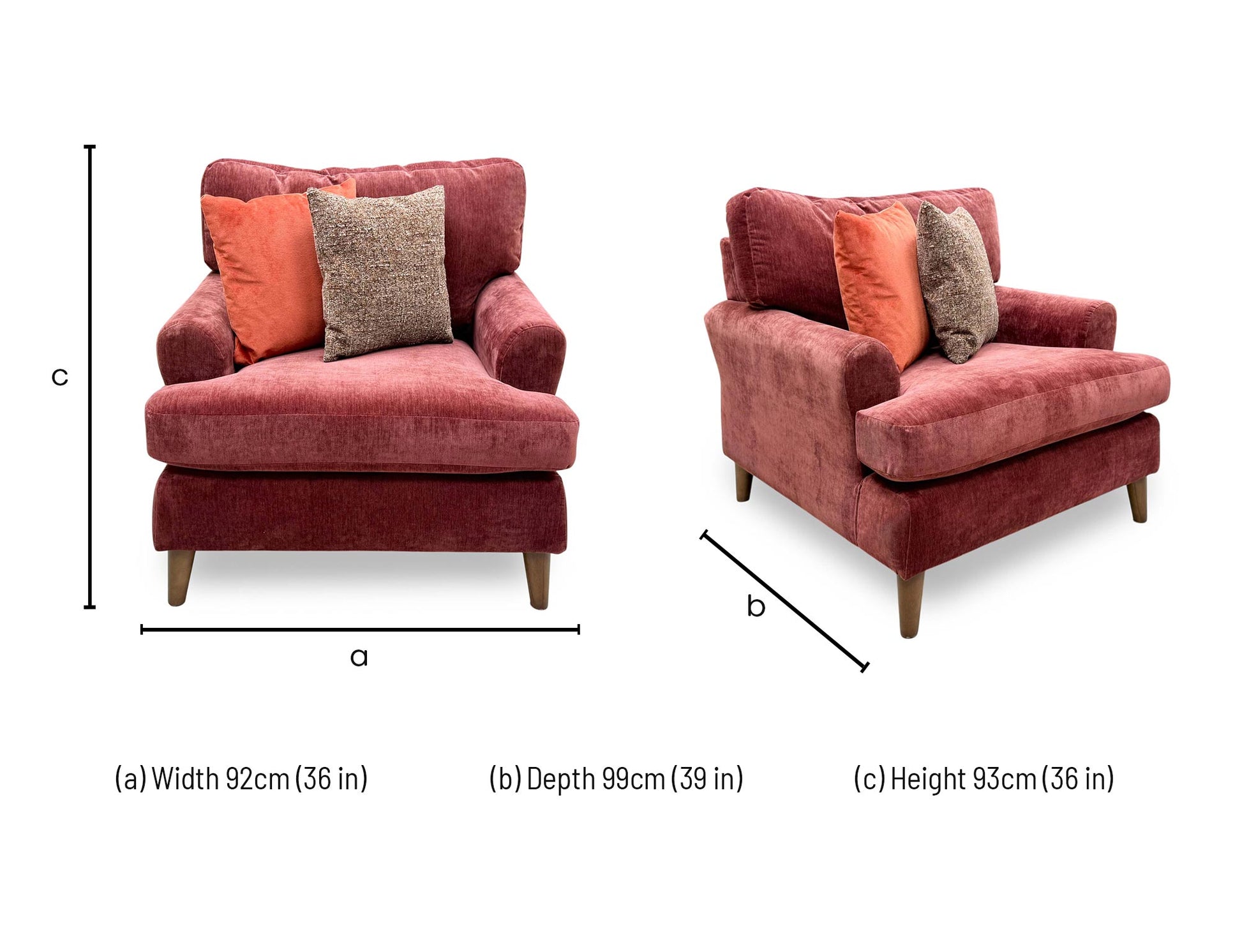 Technical dimension diagram for the ‘Jackson’ Paprika Red Fabric Armchair, outlining its standard structural measurements.