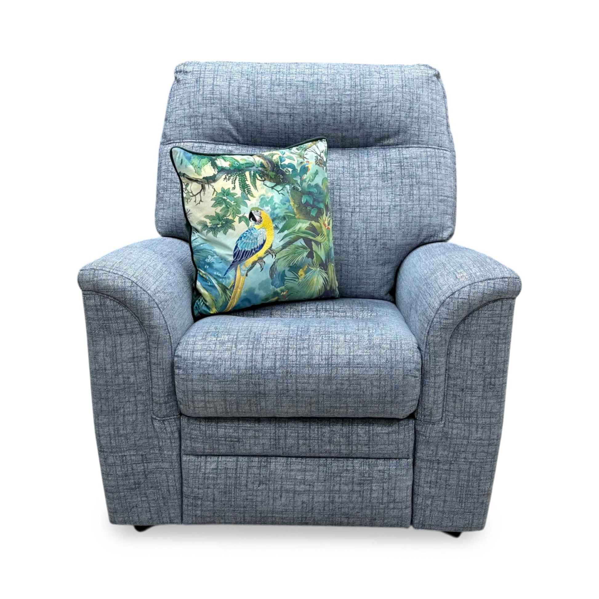 Front view of the Furniture Village Parker Knoll ‘Hudson 23’ Armchair in Dash Blue fabric, showcasing its high, supportive split-back design, plush integrated lumbar support, and deeply padded arms.