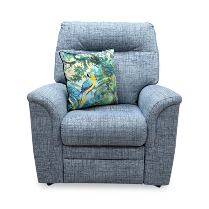 Front view of the Furniture Village Parker Knoll ‘Hudson 23’ Armchair in Dash Blue fabric, showcasing its high, supportive split-back design, plush integrated lumbar support, and deeply padded arms.