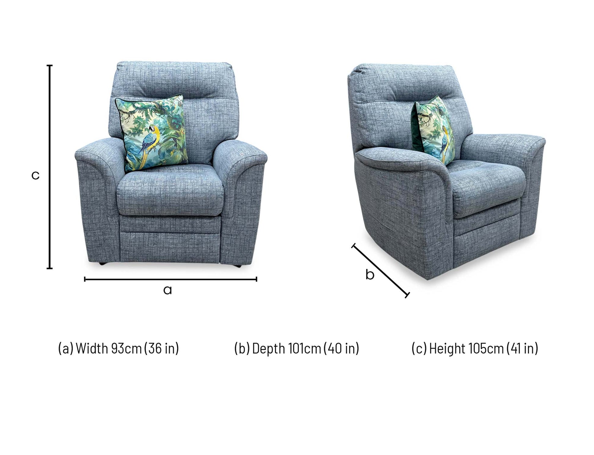 Technical dimension diagram for the Parker Knoll ‘Hudson 23’ Dash Blue Fabric Chair, detailing its overall structural measurements.