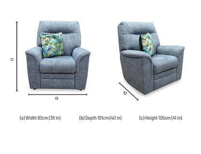 Technical dimension diagram for the Parker Knoll ‘Hudson 23’ Dash Blue Fabric Chair, detailing its overall structural measurements.