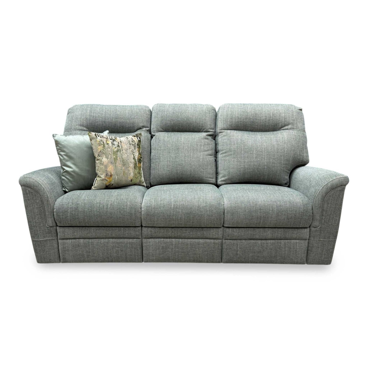 Front view of the Furniture Village Parker Knoll ‘Hudson 23’ 3-Seater Sofa in Sierra Conifer Green fabric, showcasing its deep curvaceous back, plush padded arms, and exceptionally comfy cushioned seating profile.