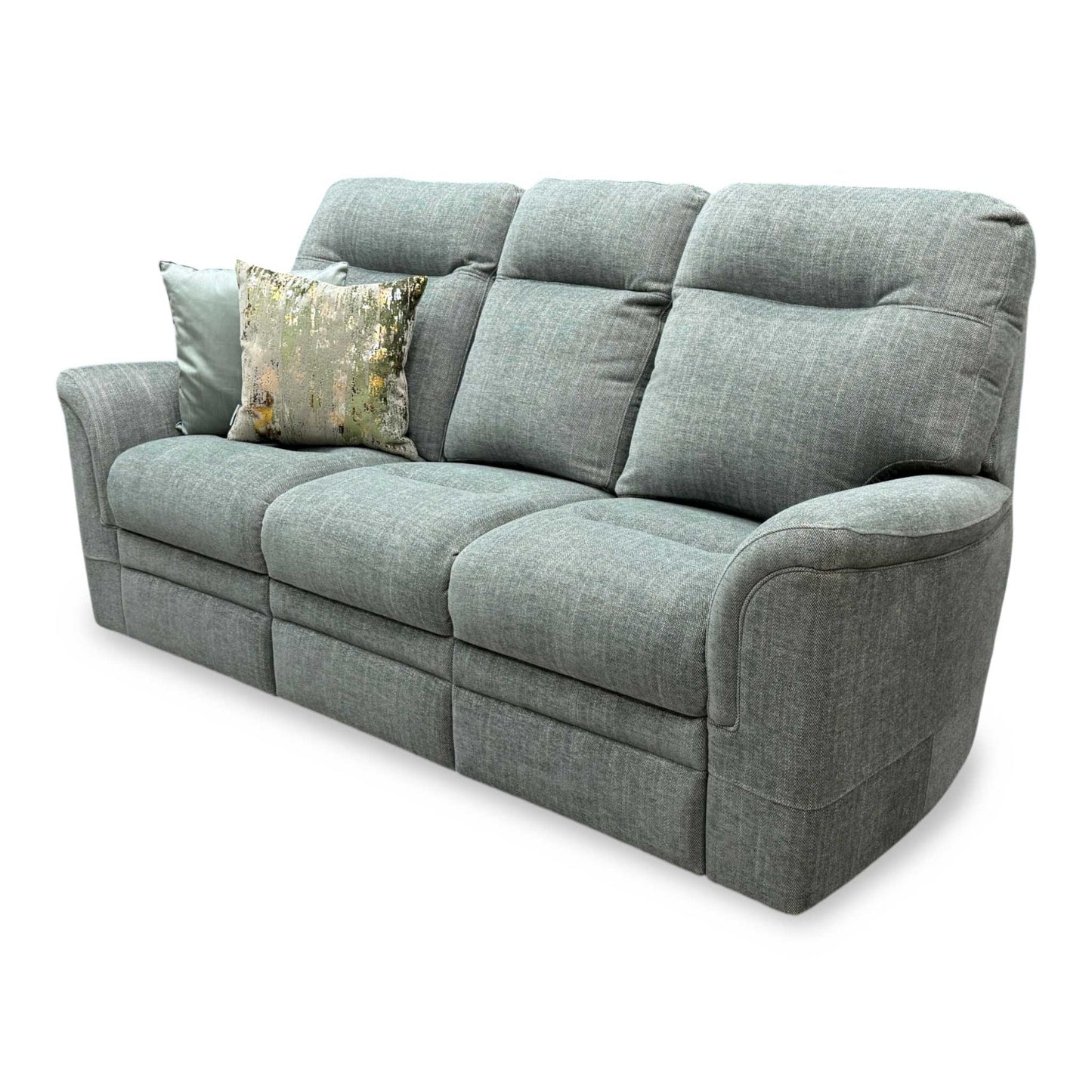 Side profile of the ‘Hudson 23’ fabric sofa, highlighting the sweeping lines of its padded arms, substantial lumbar support structure, and neat glide feet.