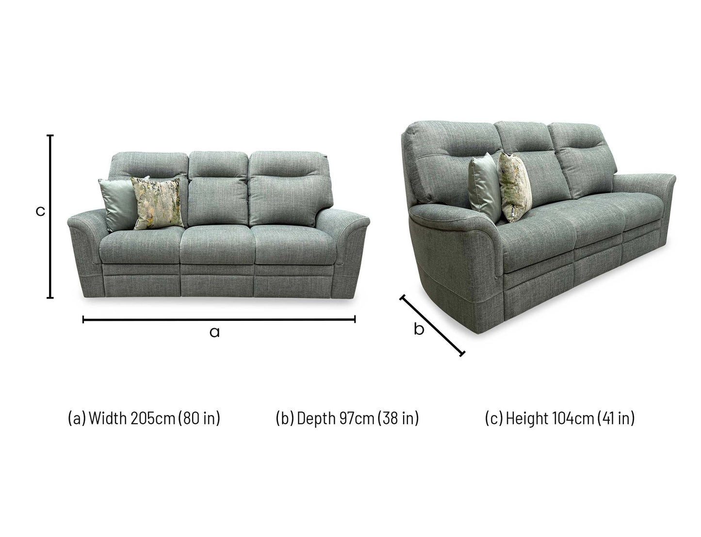 Technical dimension diagram for the Parker Knoll ‘Hudson 23’ Sierra Conifer Green Fabric 3 Seater Sofa, detailing its standard overall structural measurements: Width 205cm, Depth 97cm, Height 104cm.