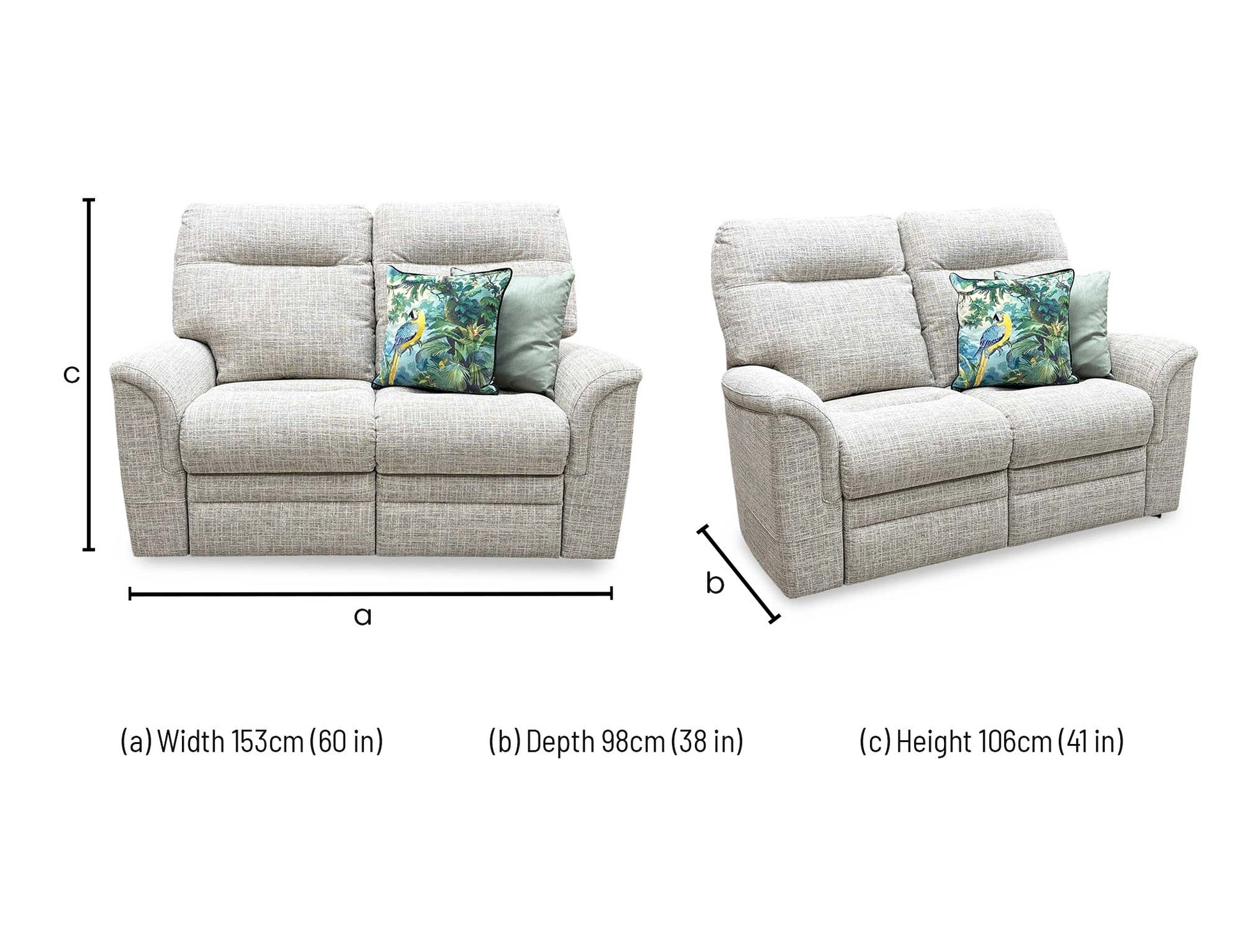 Technical dimension diagram for the Parker Knoll ‘Hudson’ Dash Oatmeal Fabric 2-Seater Sofa, outlining precise width, total height, and depth measurements.