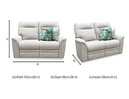 Technical dimension diagram for the Parker Knoll ‘Hudson’ Dash Oatmeal Fabric 2-Seater Sofa, outlining precise width, total height, and depth measurements.