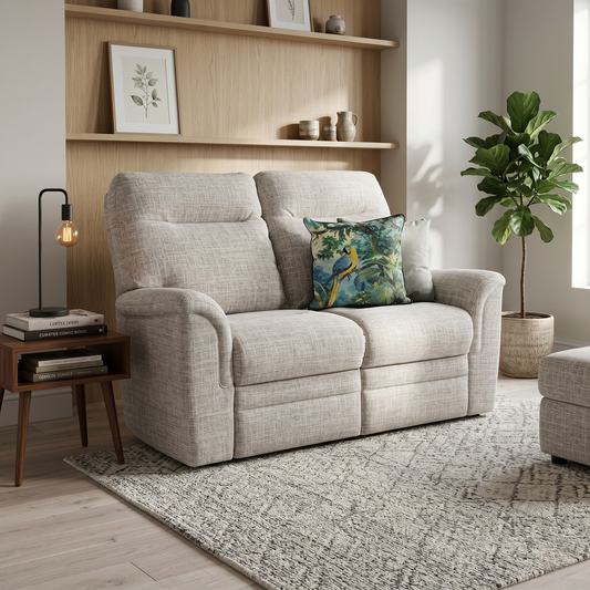 Dining room view for the Parker Knoll ‘Hudson’ 2-seater sofa, highlighting premium British craftsmanship, compact 2-seater configuration, and timeless neutral fabric.