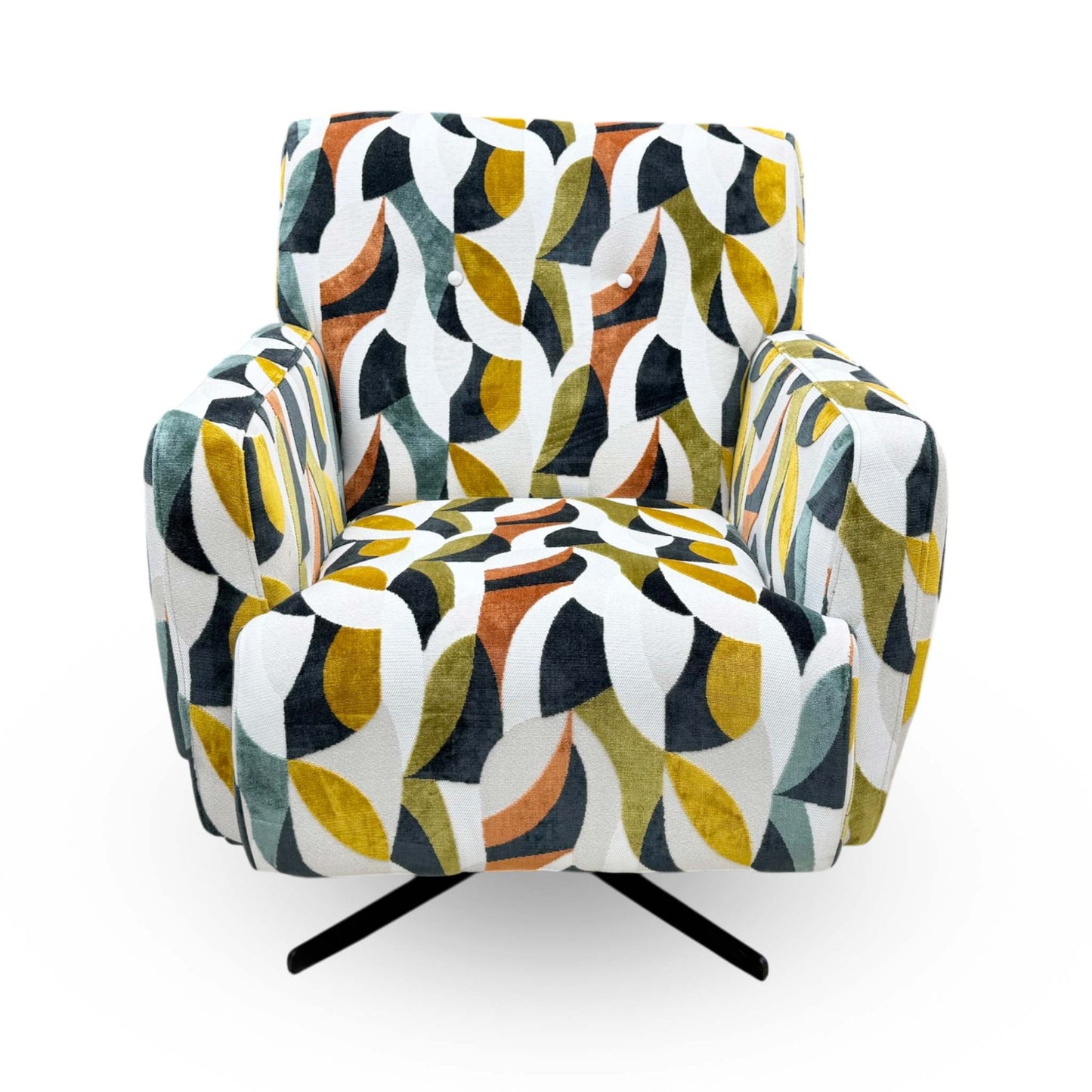Front view of the Furniture Village ‘Hedingham’ Swivel Accent Chair in Audley Terrazzo patterned fabric, showcasing its curved barrel silhouette, deep cushioning, and modern rotation base.