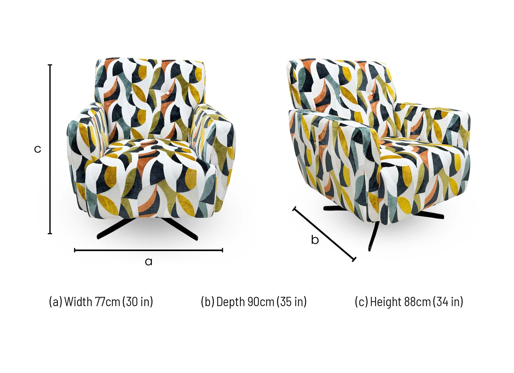 Technical dimension diagram for the Furniture Village ‘Hedingham’ Audley Terrazzo Velvet Accent Swivel Chair, detailing its overall structural measurements.