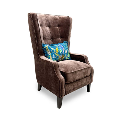Full view of the Furniture Village ‘Garland’ Plain Accent Chair in California Brown fabric, showcasing its elegant winged silhouette, supportive arms, and plush cushioning.