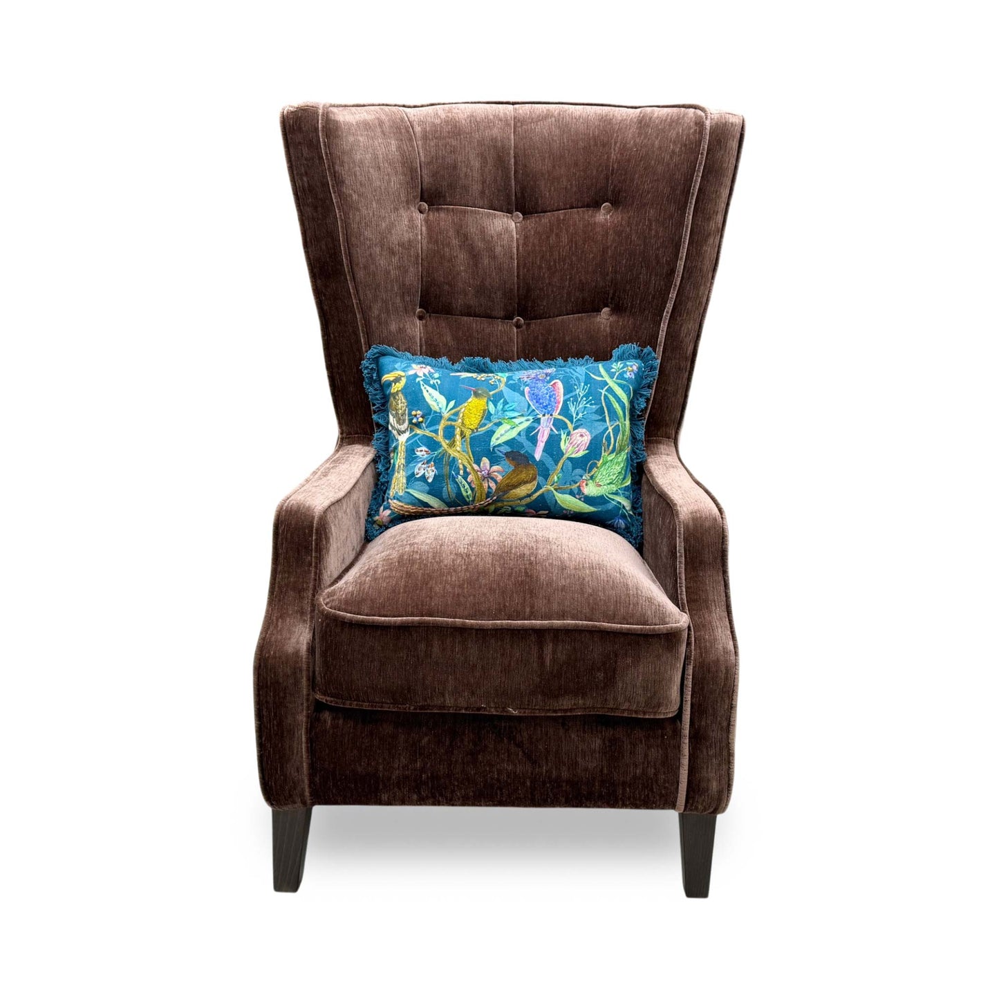 Front view of the Furniture Village ‘Garland’ Plain Accent Chair in California Brown fabric, showcasing its elegant winged silhouette, supportive arms, and plush cushioning.