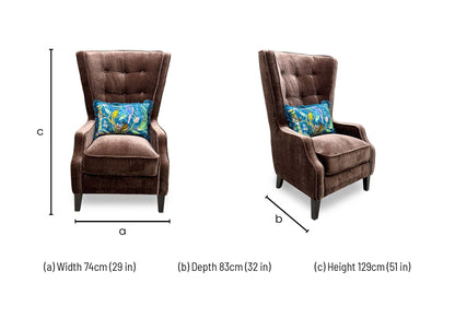 Technical dimension diagram for the ‘Garland’ California Brown Accent Chair, detailing its measurements: Width 74cm, Depth 83cm, and Height 129cm.