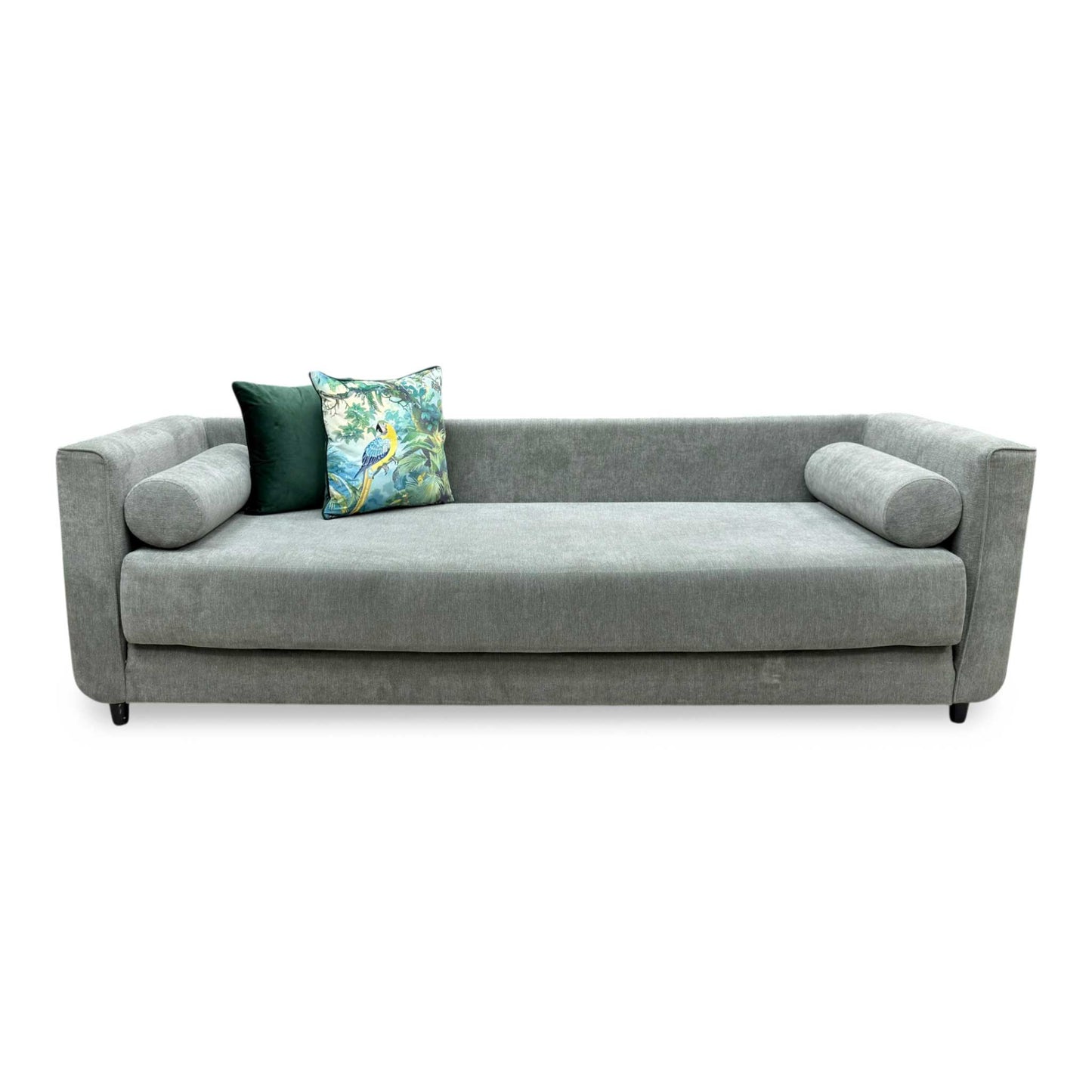Front view of the Furniture Village ‘Esprit’ Day Bed in sleek grey fabric, displaying its clean, minimalist lines, tailored cushioning, and contemporary multi-functional design.