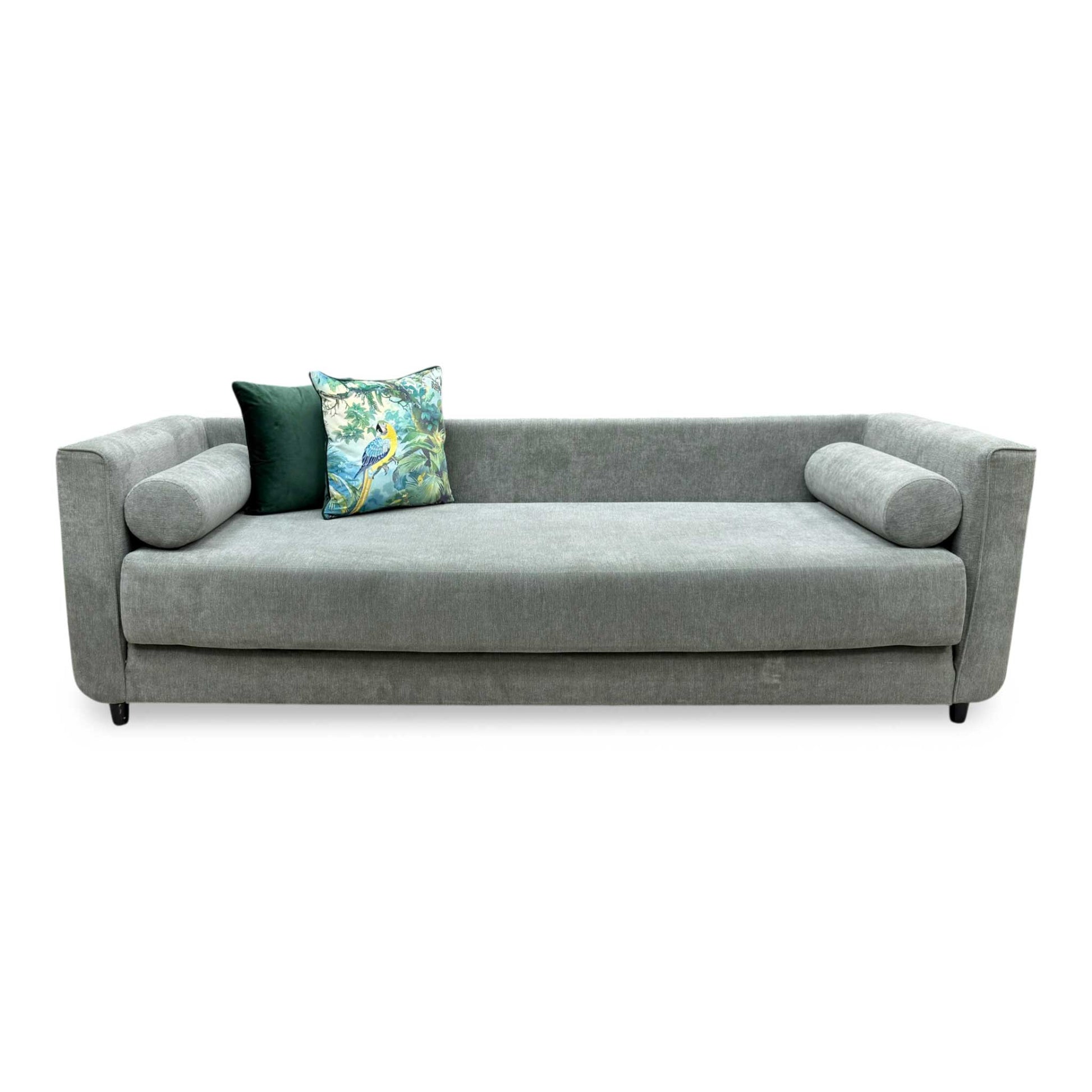 Front view of the Furniture Village ‘Esprit’ Day Bed in sleek grey fabric, displaying its clean, minimalist lines, tailored cushioning, and contemporary multi-functional design.