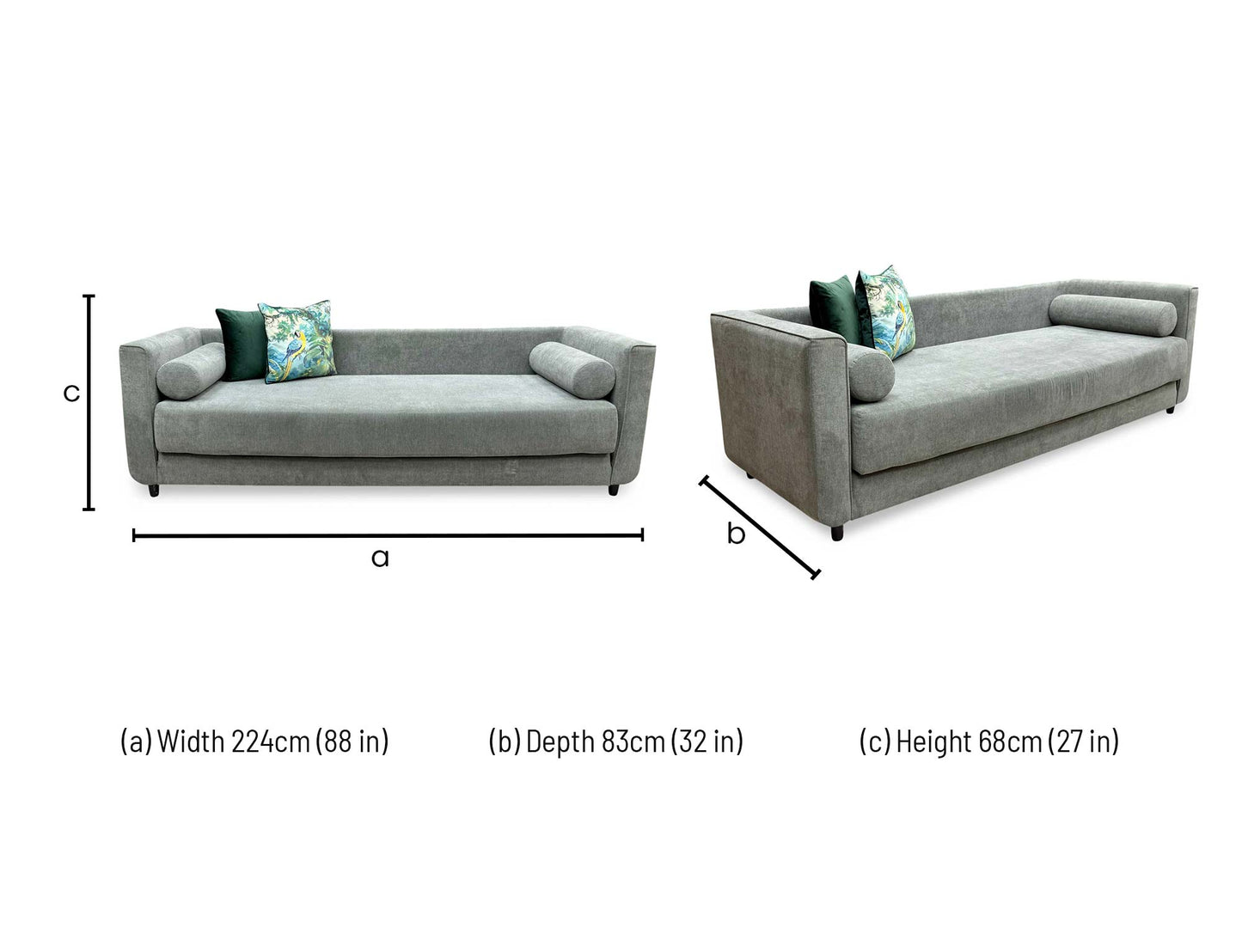 Technical dimension diagram for the ‘Esprit’ Grey Fabric Fold Out Day Bed, detailing its dual measurements in both closed seating and fully extended sleeping configurations.