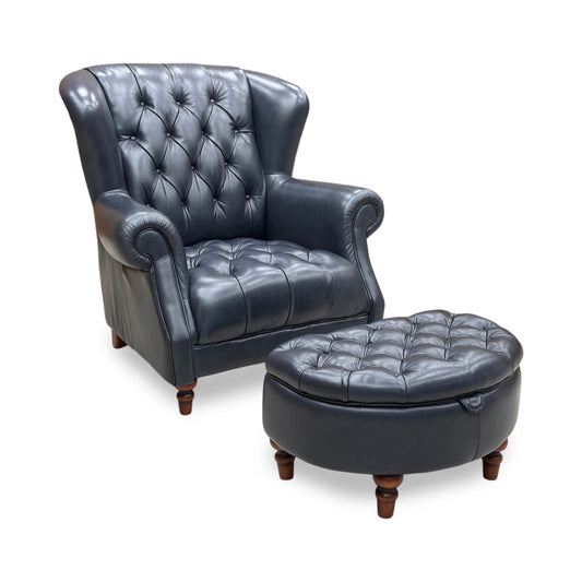 ‘Columbus’ Midnight Navy Blue Cat-200_85 Leather Wing Chair + Half Moon Storage Footstool