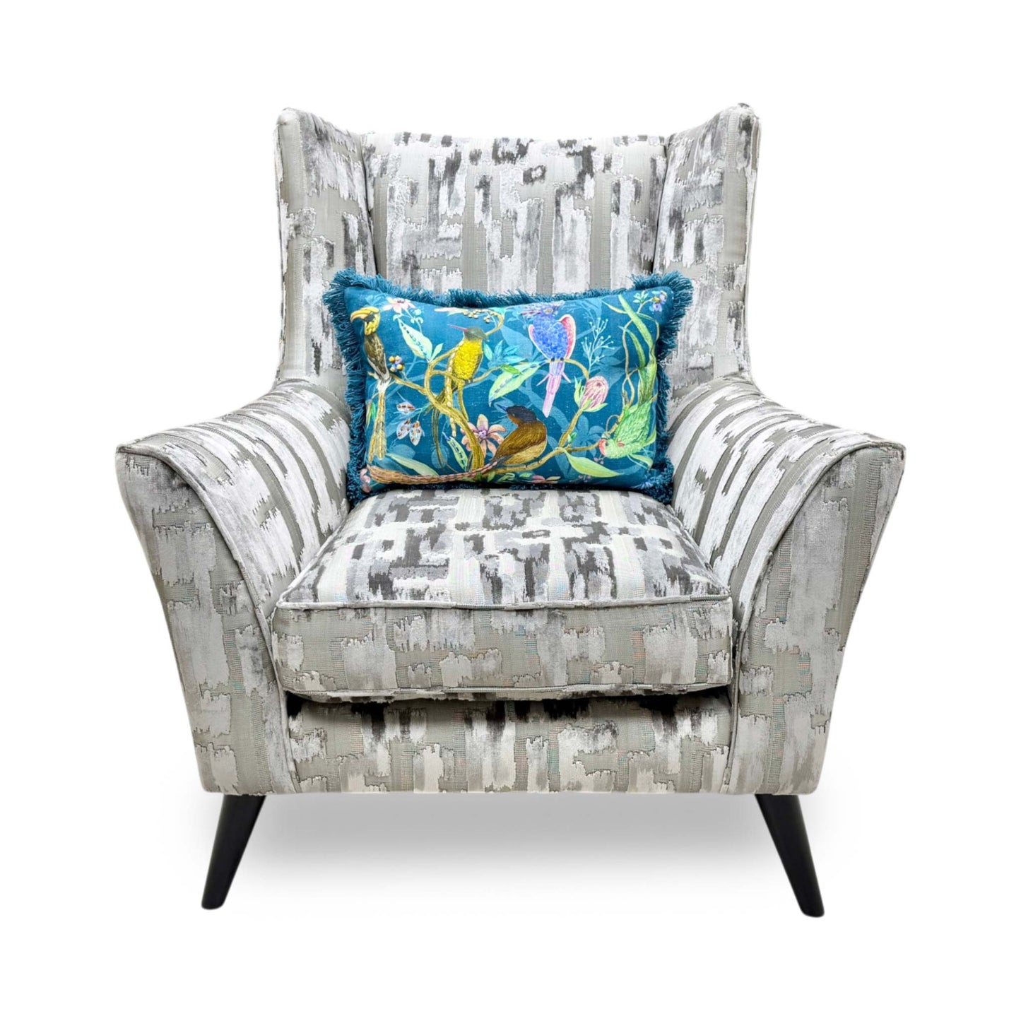 Front view of the Furniture Village Boutique ‘Allure’ Wing Chair in Iron patterned fabric, showcasing its high, supportive winged silhouette, gently curved arms, and elegant modern styling.