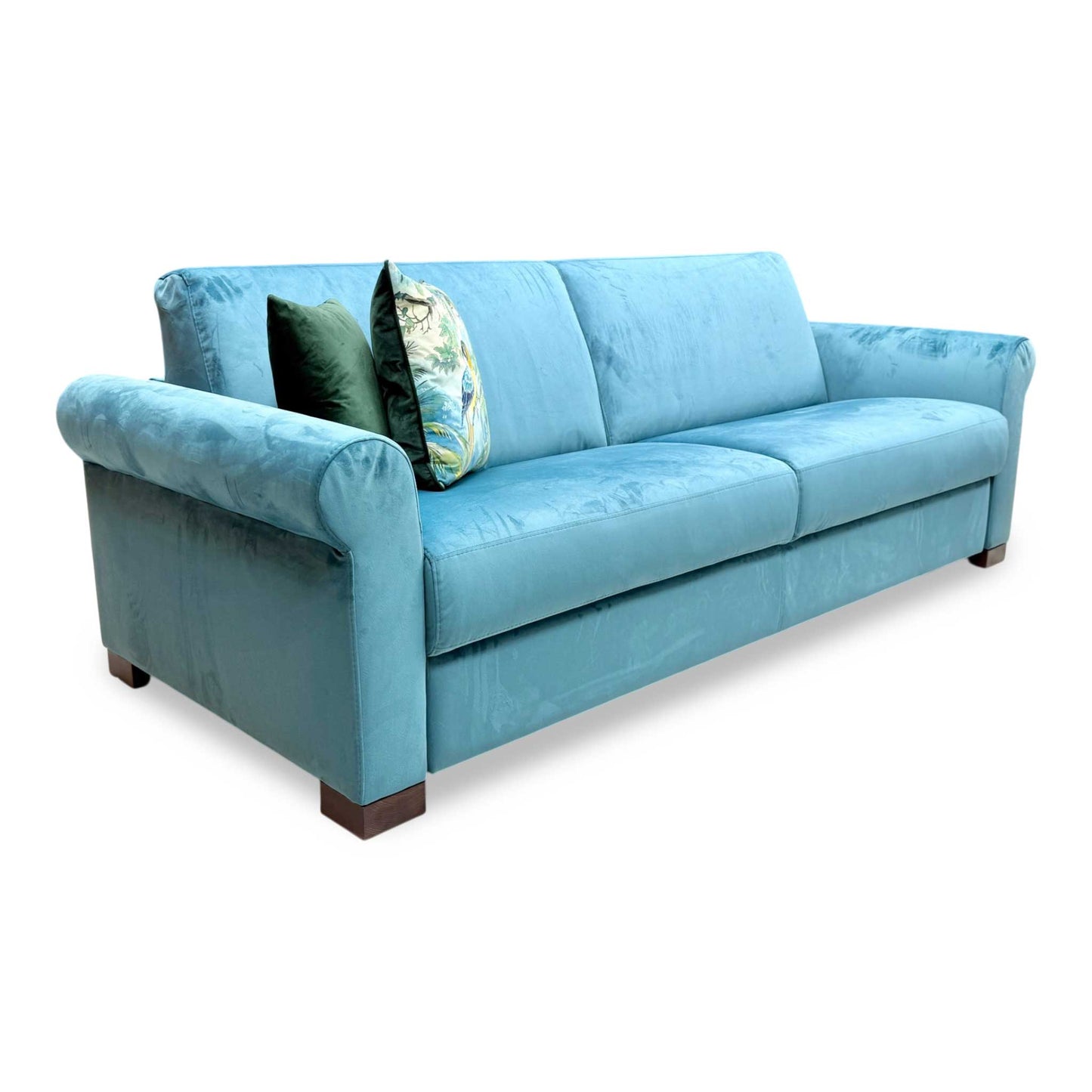Full view of the Furniture Village Nicoletti ‘Alcova’ 3-Seater Sofa in sumptuous teal velvet, showcasing its contemporary silhouette, refined proportions, and clean-lined Italian design.