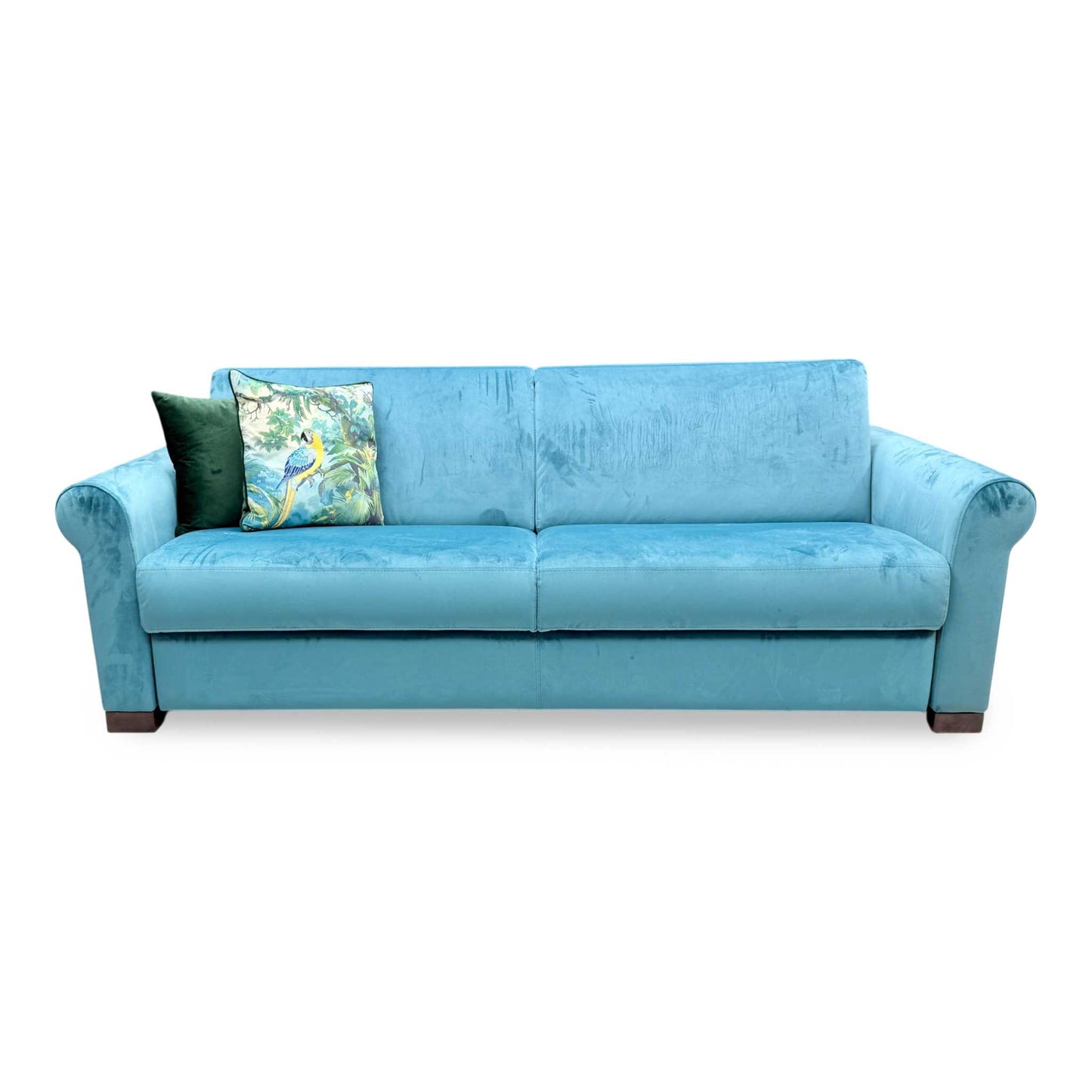 Front view of the Furniture Village Nicoletti ‘Alcova’ 3-Seater Sofa in sumptuous teal velvet, showcasing its contemporary silhouette, refined proportions, and clean-lined Italian design.