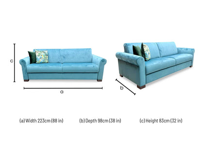 Technical dimension diagram for the Nicoletti ‘Alcova’ Teal Velvet 3-Seater Sofa, detailing its overall measurements: Width 223cm, Depth 98cm, and Height 83cm.