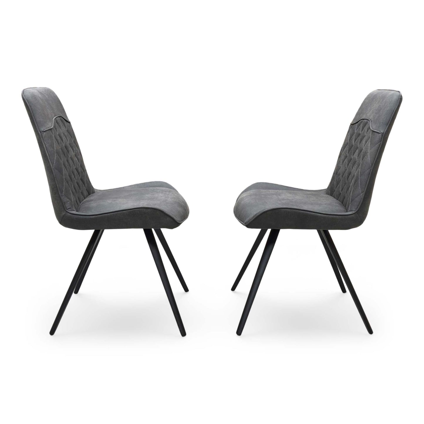 Front view of a pair of ‘Warrior’ Cantilever Dining Chairs in Charcoal Grey fabric, showcasing their sleek contemporary C-shaped frames, vertical channel-stitched backs, and minimalist industrial profile.
