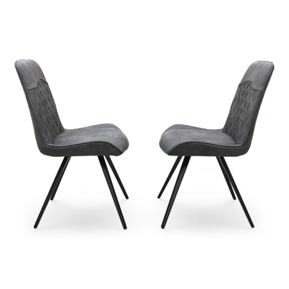Front view of a pair of ‘Warrior’ Cantilever Dining Chairs in Charcoal Grey fabric, showcasing their sleek contemporary C-shaped frames, vertical channel-stitched backs, and minimalist industrial profile.