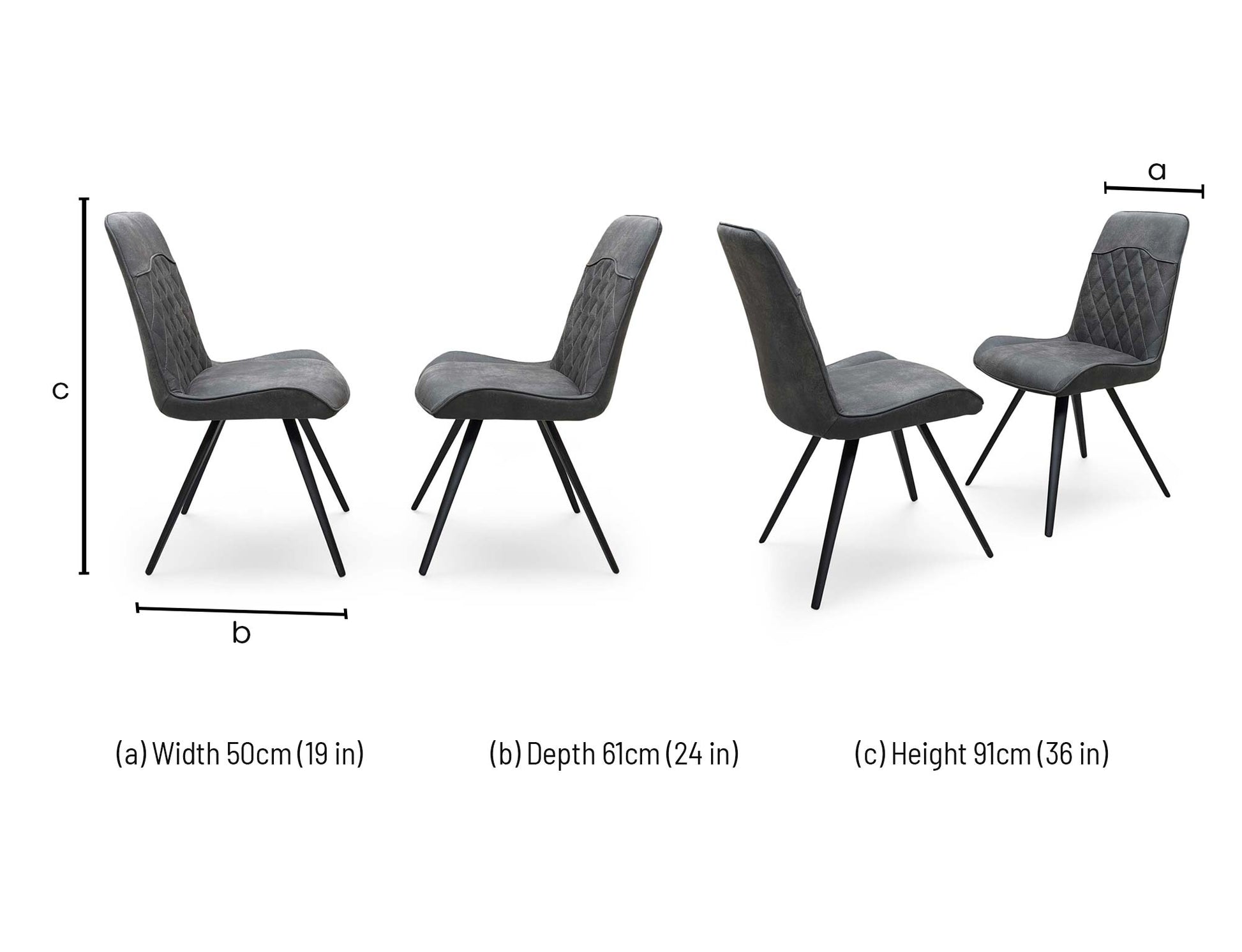 Technical dimension diagram for the ‘Warrior’ Charcoal Grey Fabric Cantilever Dining Chairs, outlining standard structural measurements including height, width, and depth for the pair.