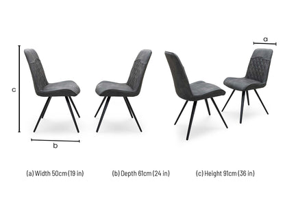Technical dimension diagram for the ‘Warrior’ Charcoal Grey Fabric Cantilever Dining Chairs, outlining standard structural measurements including height, width, and depth for the pair.
