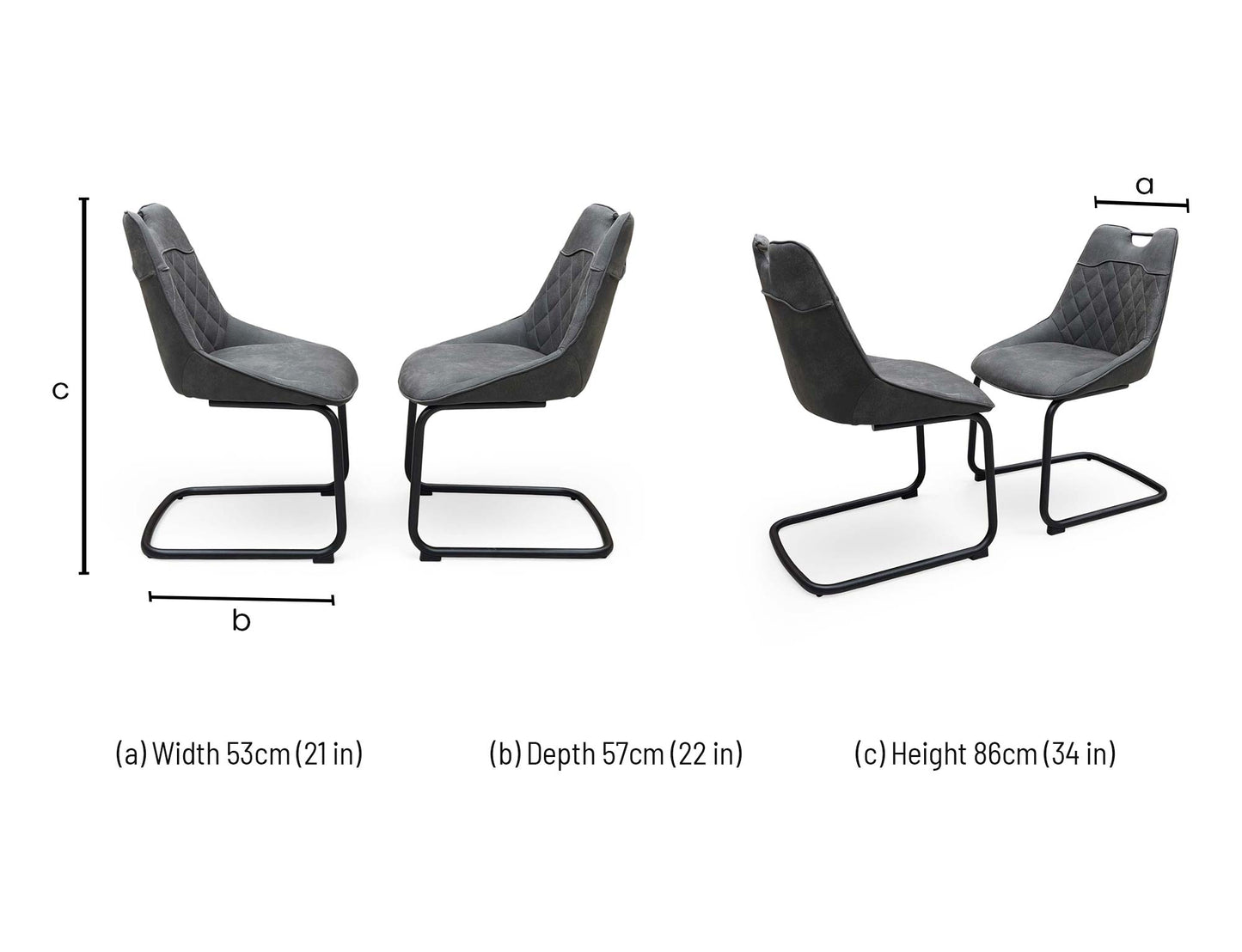 Technical dimension diagram for the ‘Warrior’ Charcoal Grey Fabric Cantilever Dining Chairs, outlining standard structural measurements including height, width, and depth for the pair.