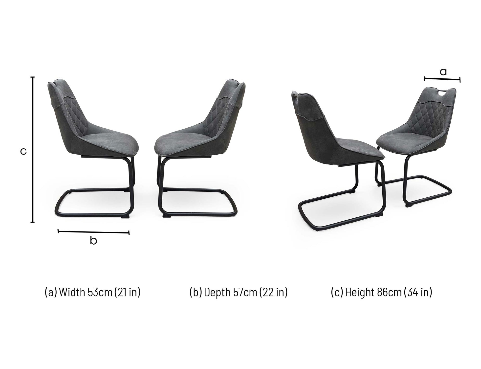 Technical dimension diagram for the ‘Warrior’ Charcoal Grey Fabric Cantilever Dining Chairs, outlining standard structural measurements including height, width, and depth for the pair.