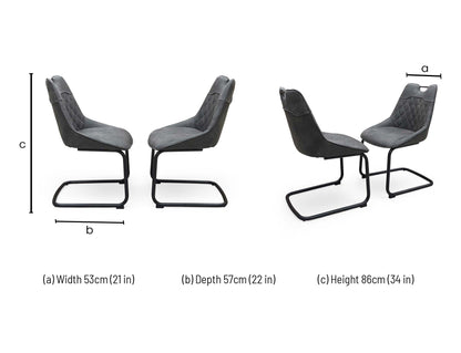 Technical dimension diagram for the ‘Warrior’ Charcoal Grey Fabric Cantilever Dining Chairs, outlining standard structural measurements including height, width, and depth for the pair.