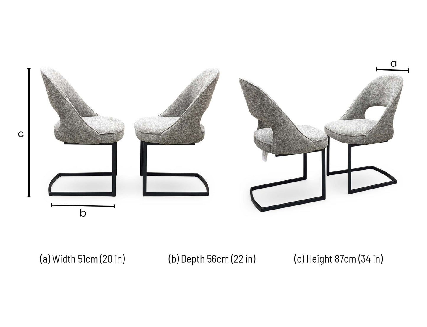 Technical dimension diagram for the ‘Tiber’ Truffle Brown Fabric Cantilever Dining Chairs, outlining standard structural measurements including height, width, and depth for the pair.