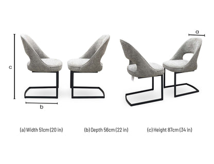 Technical dimension diagram for the ‘Tiber’ Truffle Brown Fabric Cantilever Dining Chairs, outlining standard structural measurements including height, width, and depth for the pair.